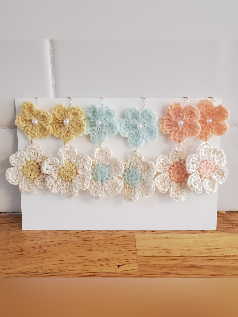 Handmade Crocheted Flower Earrings - Pastel Yellow, Blue & Peach